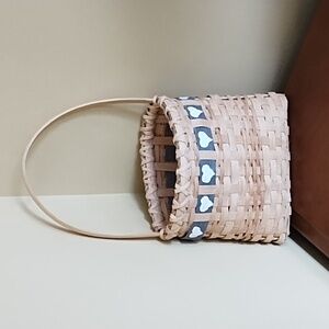 Handmade Bamboo Basket 9x9 Inch Handle Hearts Natural Blue Farmhouse Country